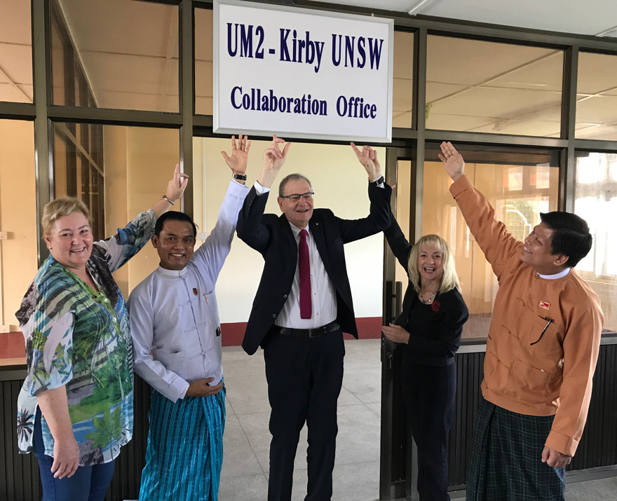 Scientia Professor David Cooper, Kirby Institute, with Ann Sudmalis, Nola Marino and our partners in Myanmar at the new Myanmar office.