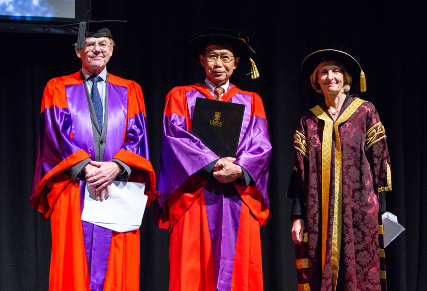 Emeritus Professor Praphan Phanuphak (centre) received a Doctorate of Medical Science, honoris causa, conferred by Professor Rodney Phillips (left), Dean of UNSW Medicine, and Jillian Segal (right), Deputy Chancellor of UNSW.