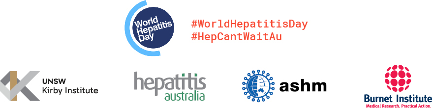Logos of World Hepatitis Day, Kirby Institute, Hepatitis Australia, ASHM and Burnet Institue