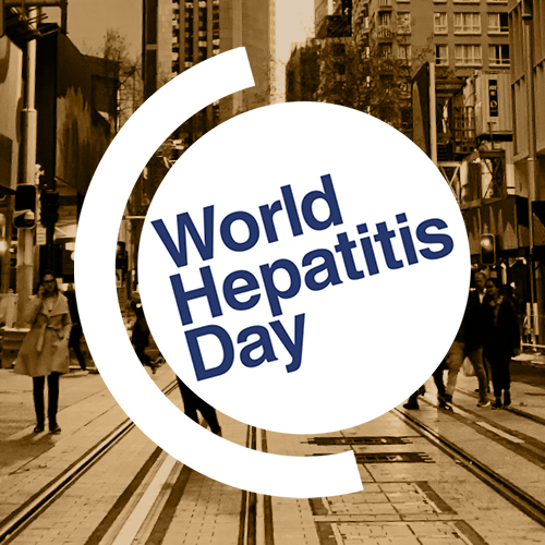 World Hepatitis Day logo on top of sepia toned image of people walking on street